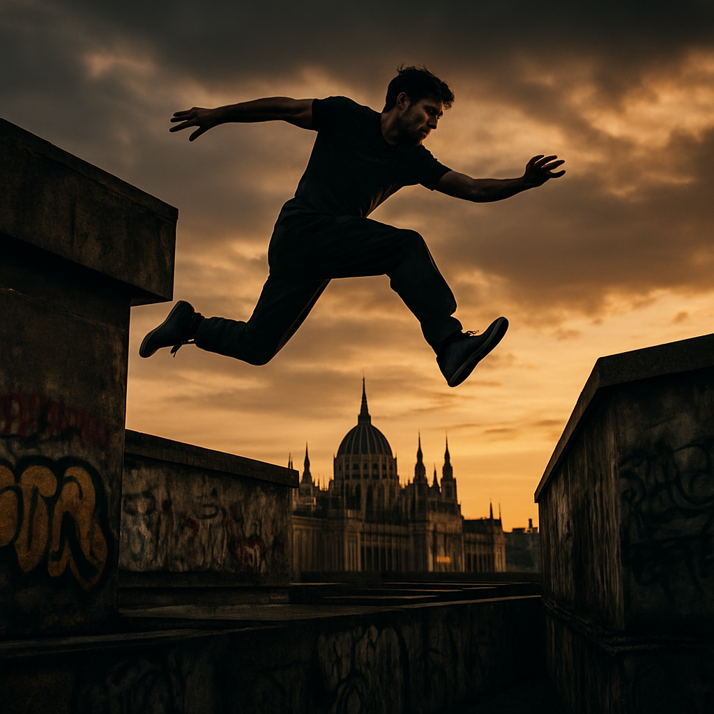 Parkour atléta ugrás közben